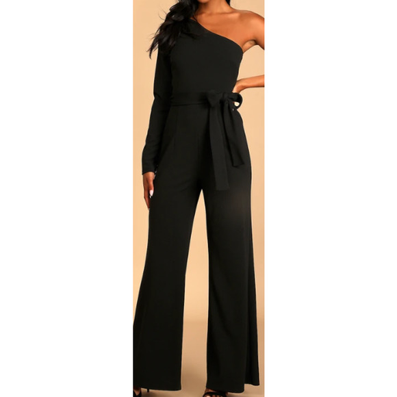 Lulus Pants - LULU'S SZ M Peak of Perfection Black One-Shoulder Wide-Leg Jumpsuit b92